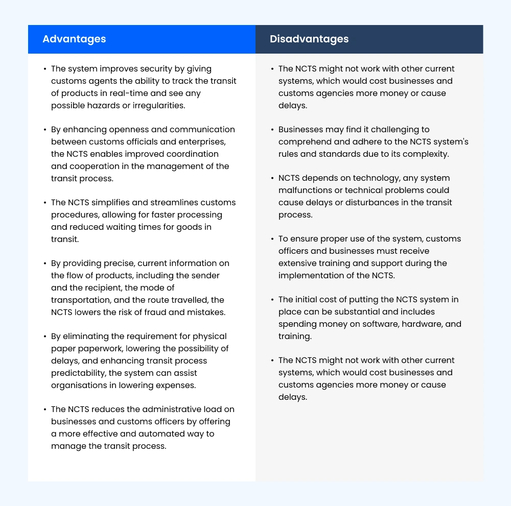 Advantages and Diadvantages of NCTS